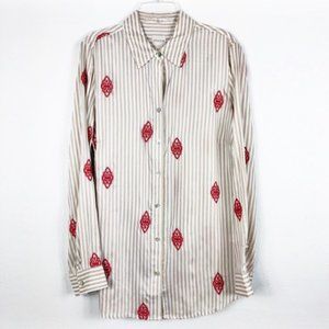 Chico's striped button-down with red embroidery